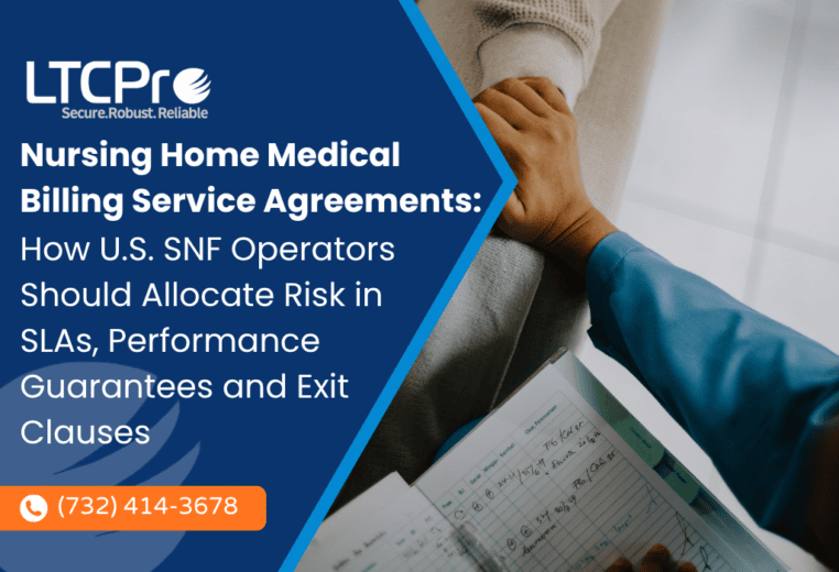 Paperwork review illustrating nursing home medical billing service agreements and risk terms