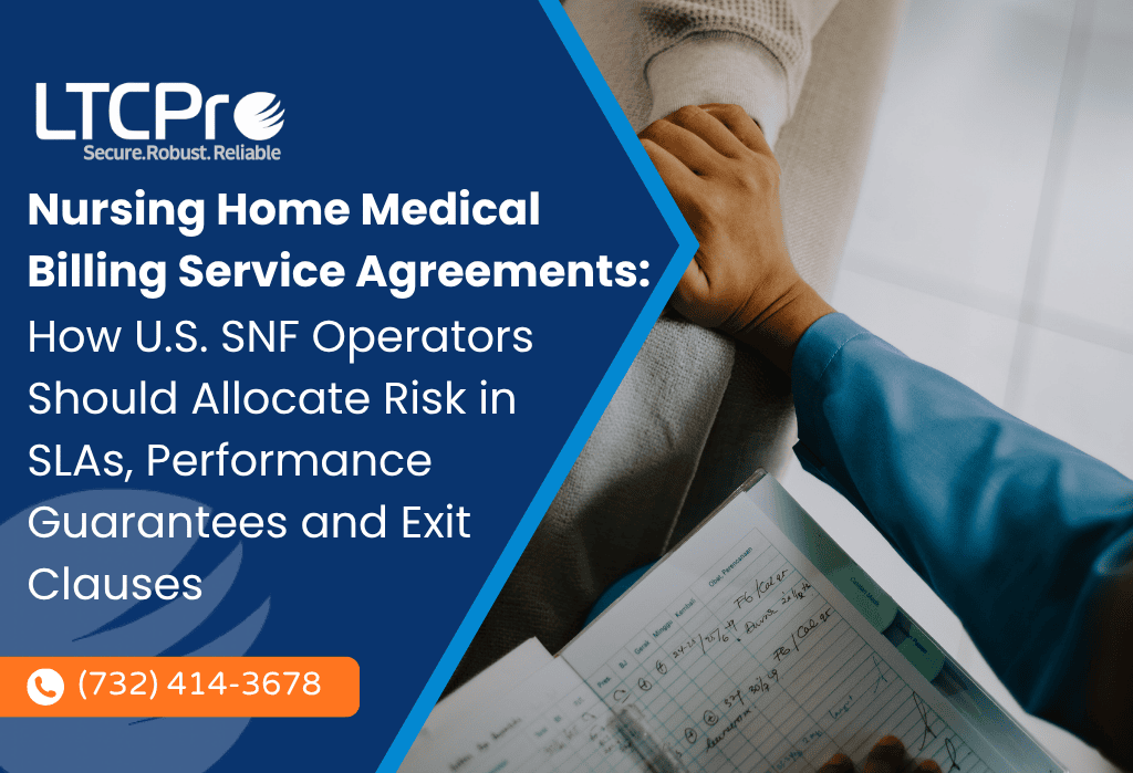 Paperwork review illustrating nursing home medical billing service agreements and risk terms
